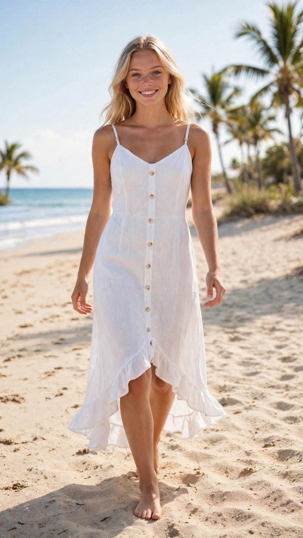 Producto - Vestido largo irregular lino liso botones frontales Blanco importado 22aa99