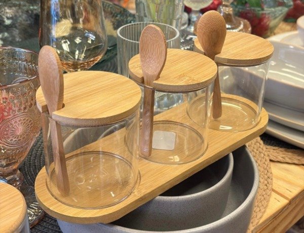 Producto - Set x3 Contenedores Vidrio con Base, Tapa y Cuchara de Madera