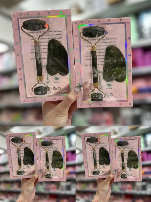 Producto - Kit Masajeador Facial Jade Rodillo +piedra Guasha-natural Color Verde
