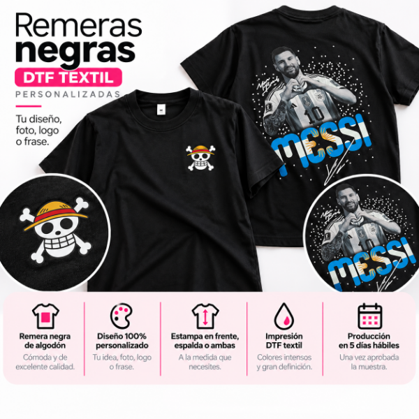 Producto - Remera Negra de Algodón Personalizada DTF Textil - Niño - 0