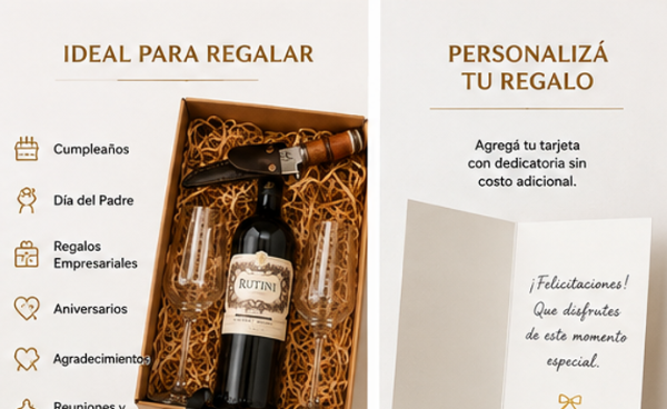 Producto - Caja de Regalo Rutini Cabernet Malbec + 2 Copas de Cristal + Cuchillo Artesanal - 3
