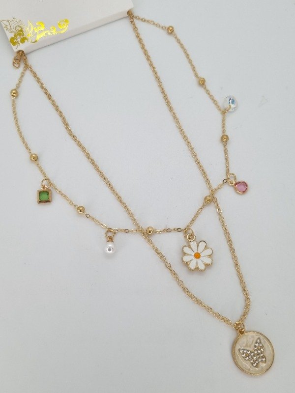 Producto - Collar doble dorado dijes perlas y gemas 3971