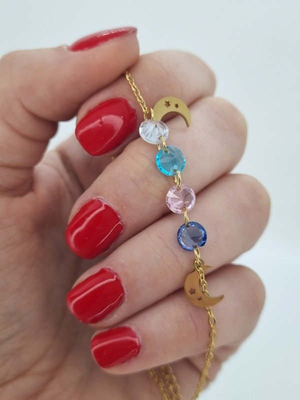 Producto - Pulsera acero dorado 4 swarovski color circ dije forma plana