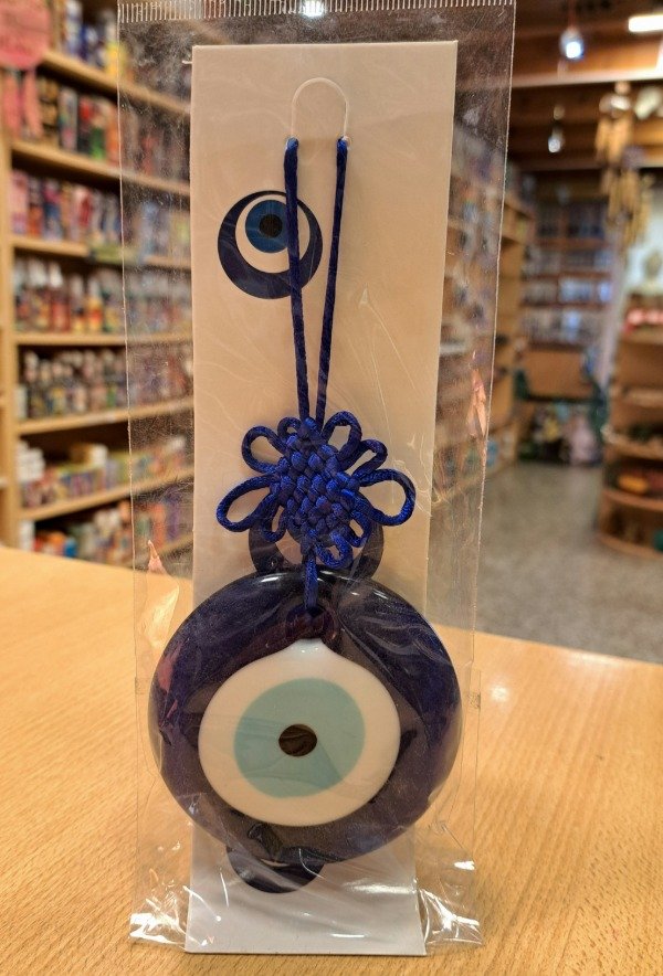 Producto - Colgante de vidrio Ojo Turco N 6 con hilo yute mediano 23 cm x 8 cm diametro