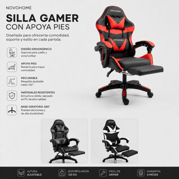 Producto - SILLA GAMER NOVOHOME CON APOYA PIES - 1