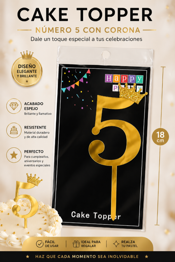 Producto - Topper numero 5 con corona dorado