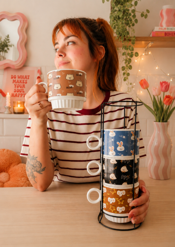 Producto - Set de tazas apilables con organizador animalitos kawaii