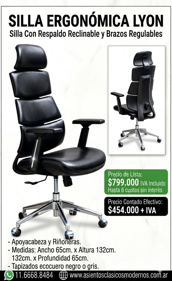 Producto - NOVEDAD Sillón Gerencial LYON, C/Cabezal Soporte Lumbar y Brazos Regulables!!