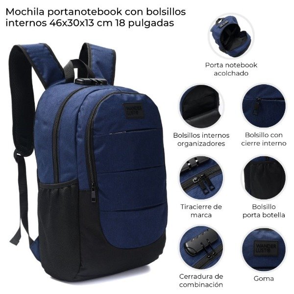 Producto - MOCHILA PORTANOTEBOOK CON BOLSILLOS INTERNOS CON CERRADURA DE COMBINACION 42858