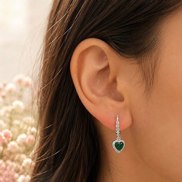 Producto - Aros Brisura corazones colgantes cubic esmeralda Plata 925 - 1