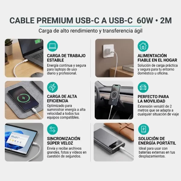 Producto - Cable Mallado USB-C a USB-C - Carga Rápida 60W - Blanco 2 Metros - Aitech - 1