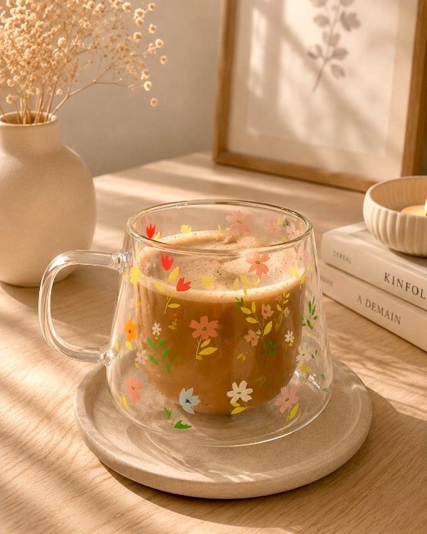 Producto - TAZA FLORES DE COLORES DOBLE VIDRIO