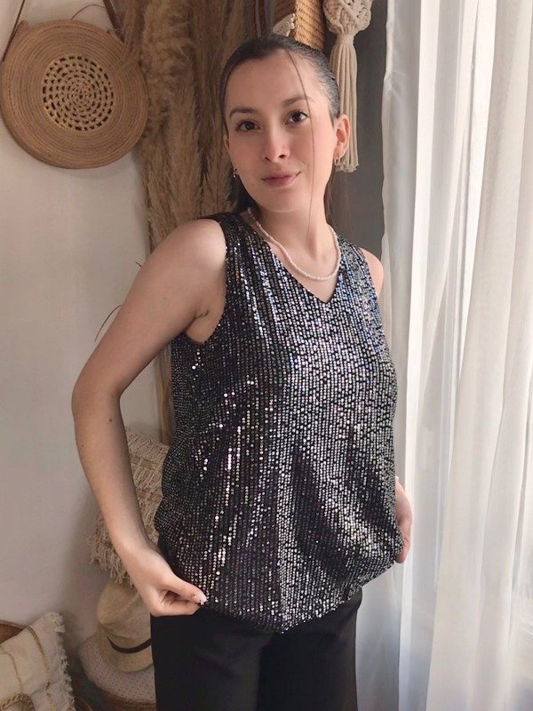 Musculosa Tuscany Lentejuelas NegrO Plata