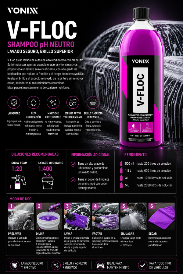 Producto - Vonixx V-FLOC 1.5L Shampoo Auto pH Neutro Alta Lubricación Detailing Profesional