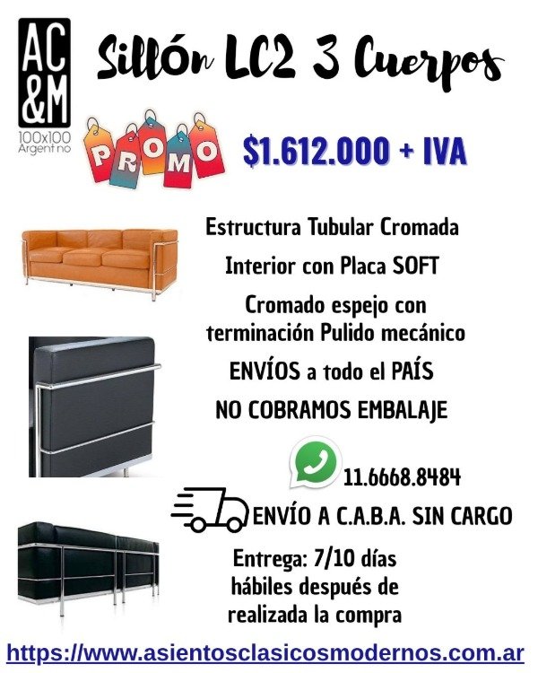 Producto - Sillón LC2 3 Cuerpos, Tapiz Talampaya, Estructura Tubular Cromada!!