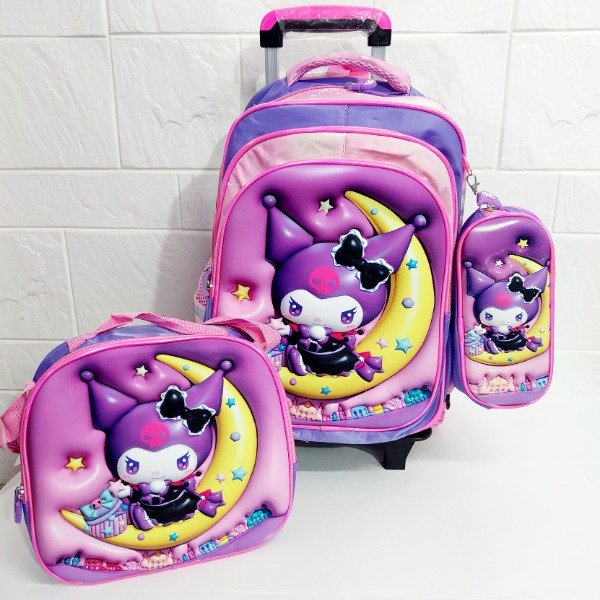 Producto - Mochila 3 piezas con carrito 3 ruedas Kuromi morada