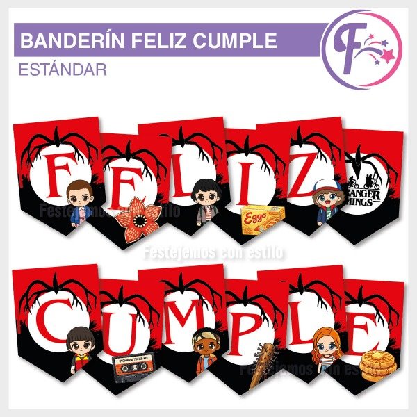 Producto - Stranger Things Chibi Banderin Feliz Cumple Imprimible