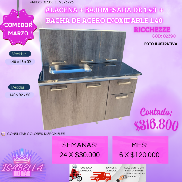 Producto - ALACENA + BAJOMESADA DE 1.40 MELAMINA + BACHA 1.40 DE ACERO