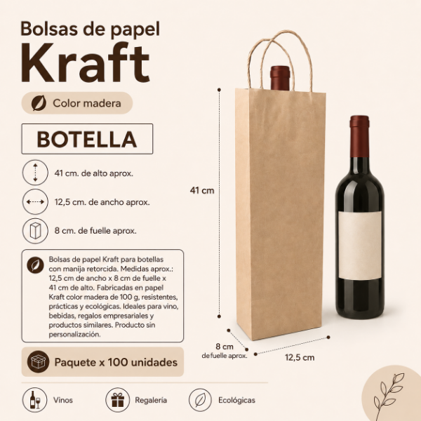 Producto - BOLSA KRAFT PARA BOTELLA CON MANIJA 12,5 x 8 x 41 CM X100