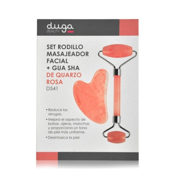 Producto - SET RODILLO MASAJEADOR FACIAL + GUA SHA DE CUARZO ROSA DUGA - 1