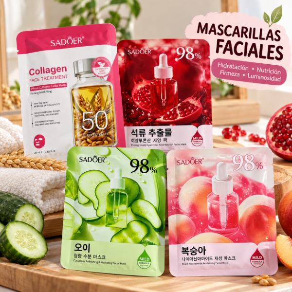 Producto - SET DE 4 MASCARILLAS FACIALES PEPINO-TRIGO-DURAZNO-GRANADA