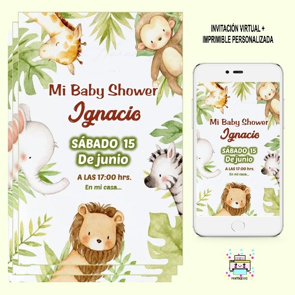 Producto - Tarjeta Invitación Baby Shower Digital Whatsapp Animalitos Safari