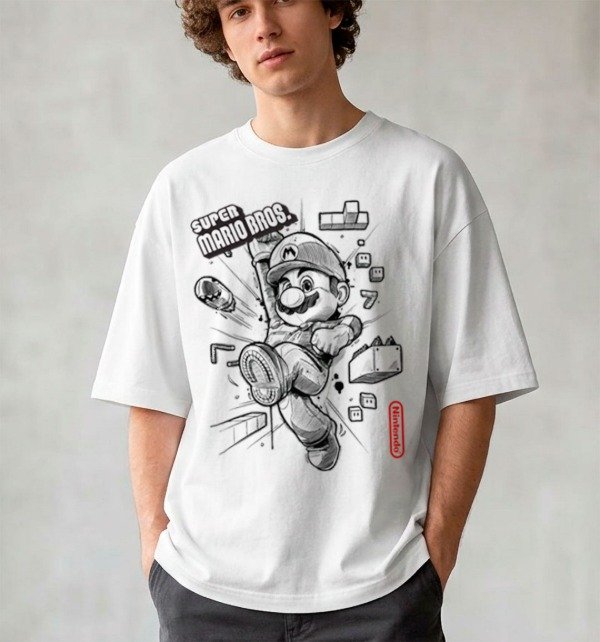Producto - Remera Estampada Mario Bros Overzize Blanca