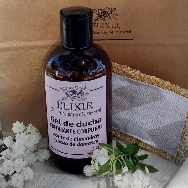 Producto - Gel corporal EXFOLIANTE + Esponja vegetal artesanal + packaging