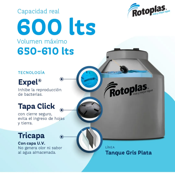 Producto - Tanque de Agua Rotoplas 600L Tricapa Vertical Gris 117 x 97cm