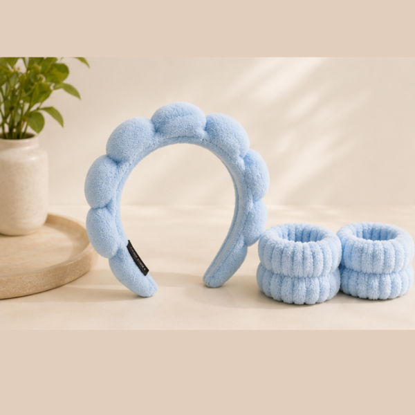 Producto - Set Skincare Vincha Soft + Muñequeras celeste