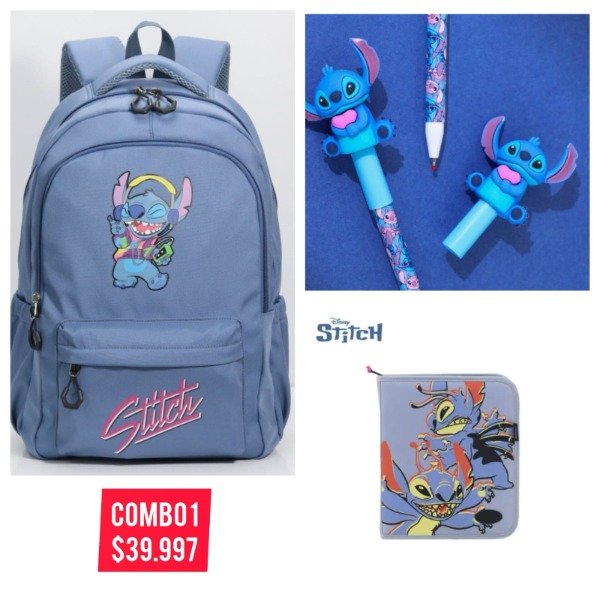 Producto - COMBO 1 . MOCHILA STITCH , CARPETA STITCH YROLLERS BORRABLES CAJITA STITCH