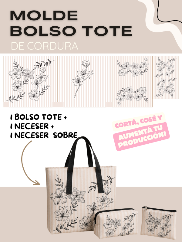 Producto - MOLDE BOLSO TOTE - FLORES FONDO RAYADO NATURAL