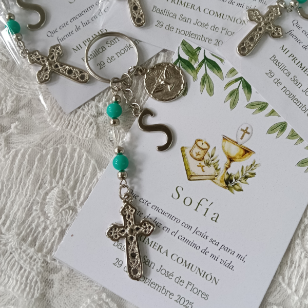 Producto - Llavero Cruz y medalla Espiritu Santo mas tarjeta personalizada