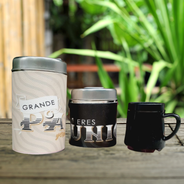 Producto - Set latas yerba y azúcar con mate de plástico negro y beige (en caja)