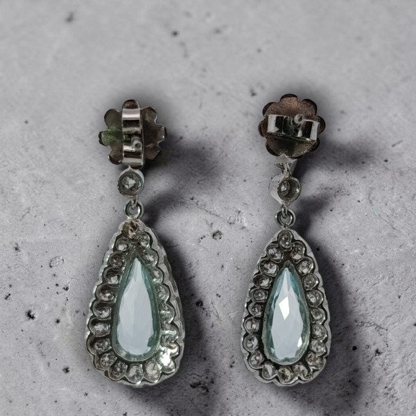 Producto - Aros Art Deco platino , brillantes y agua marina - 1