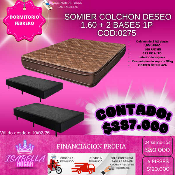 Producto - SOMIER COLCHON DESEO 1.60 + 2 BASES DE 1P - COD:0275