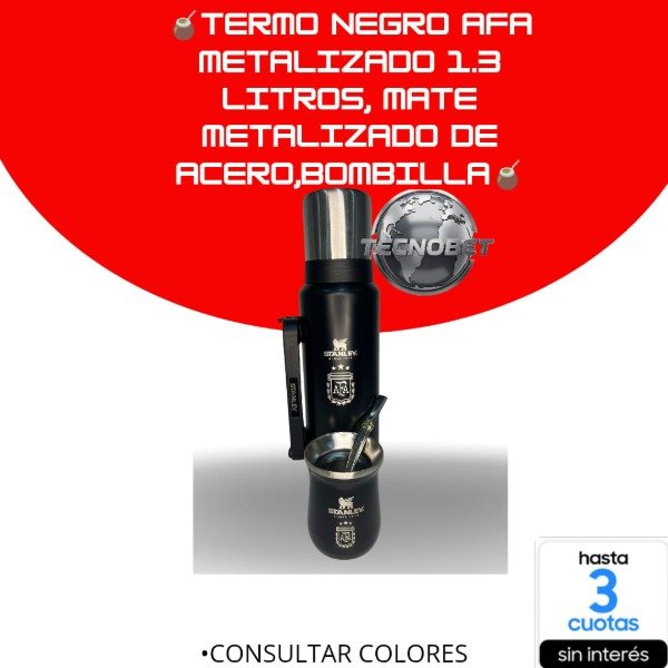 Producto - TERMO NEGRO AFA  METALIZADO 1.3 LITROS, MATE  METALIZADO DE ACERO,BOMBILLA