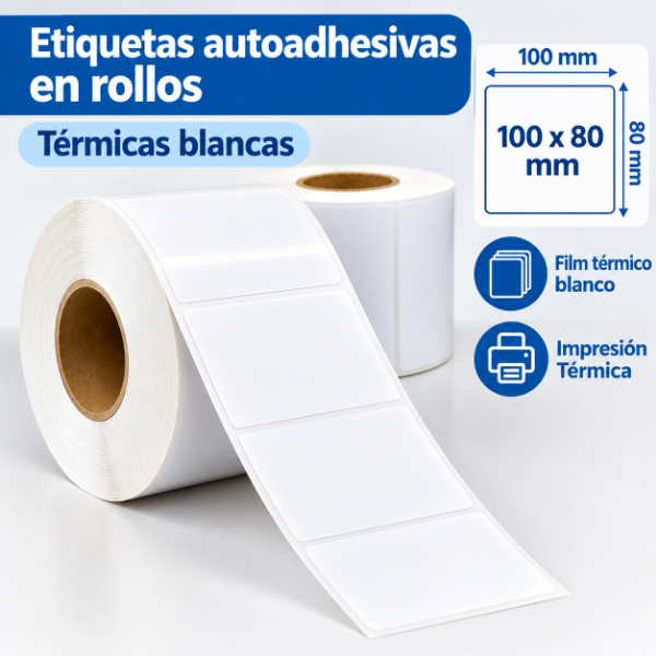 Producto - Rollos Etiquetas Autoadhesivas Térmicas Blancas - 100 x 80 mm x 600 unidades