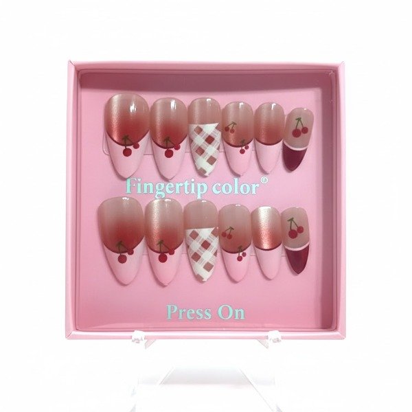 Producto - Uñas Press on Almendrada Tornasol con diseño Cereza rosa