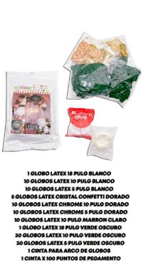 Producto - SET SUPER GUIRNALDA DE GLOBOS LATEX/CONFETTI BLANCO VERDE DORADO MARRON 119 PCS