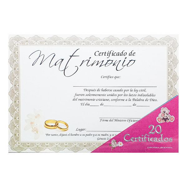 Producto - PROMO Certificados De Matrimonios (PACK X20 UNIDADES)