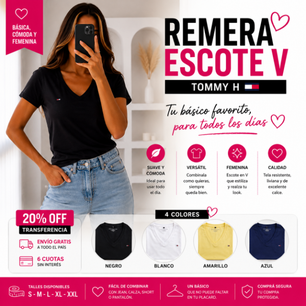 Producto - Remera Escote V Mujer Tommy H Varios Colores