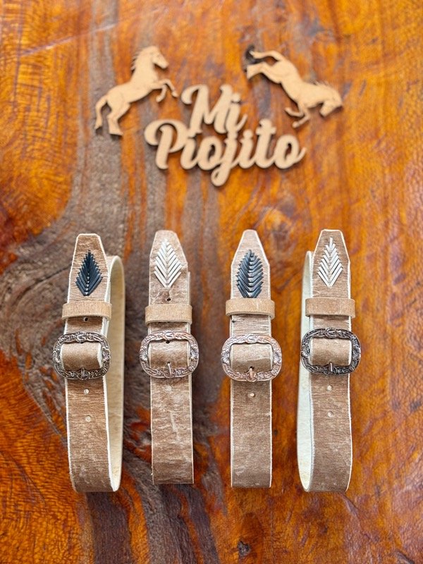 Producto - Cinto fino cuero crudo espigas bordadas