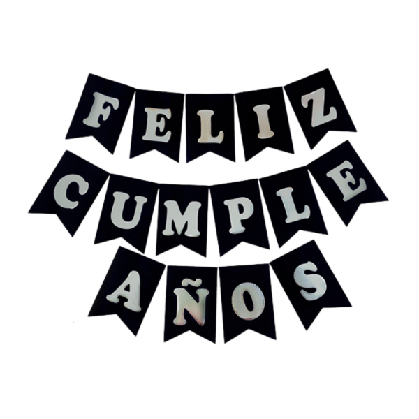 Producto - Banderin stamping letra ancha FELIZ CUMPLEAÑOS color negro letra plateada