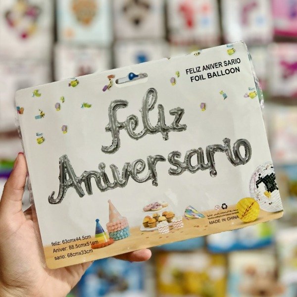 Producto - Set de globos FELIZ ANIVERSARIO - PLATEADO letras cursiva