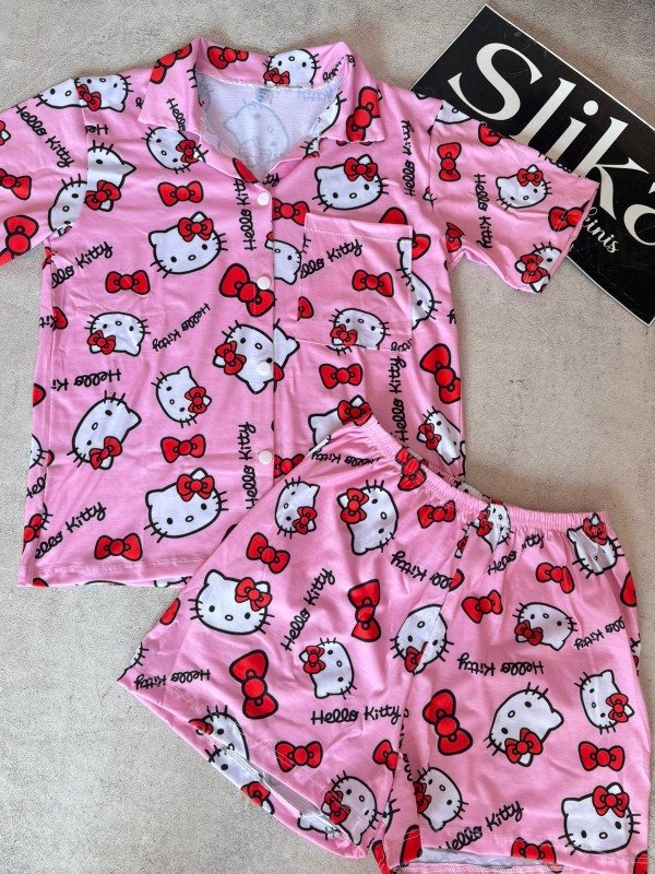 Pijama camisero algodón elastizado HELLO KITTY moños rojos