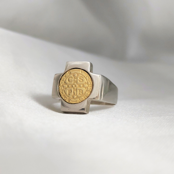 Producto - Anillo Cruz del equilibrio y San Benito Plata y Oro - 4