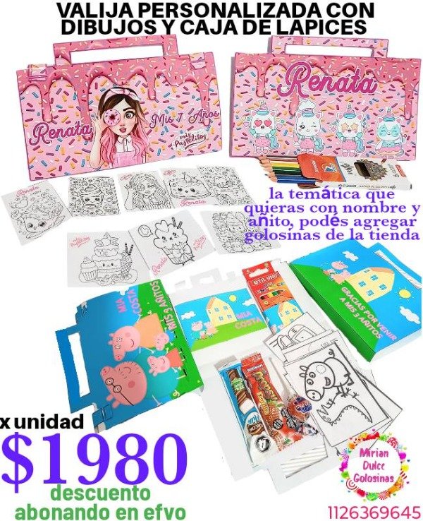 Producto - Souvenir valija golosinera con dibujos personalizados y lápices de 6 unid