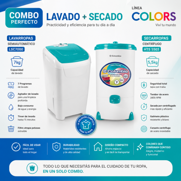 Producto - COMBO LAVARROPAS COLUMBIA LSC7000 7KG + SECARROPAS COLUMBIA