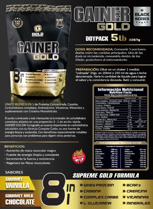 Producto - MUSCLE MASS GAINER GOLD NUTRITION DOY PACK 5LBS - 6